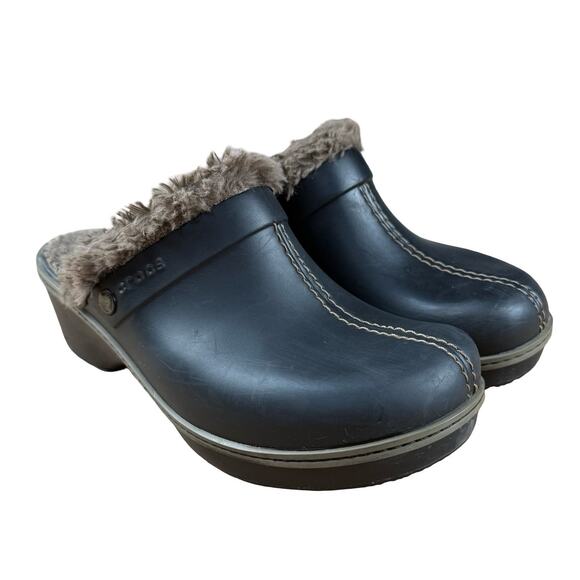 CROCS Shoes - CROCS Cobbler Eva Women Black Faux Fur Lined Clogs Mules Slip On Comfort Shoes 9